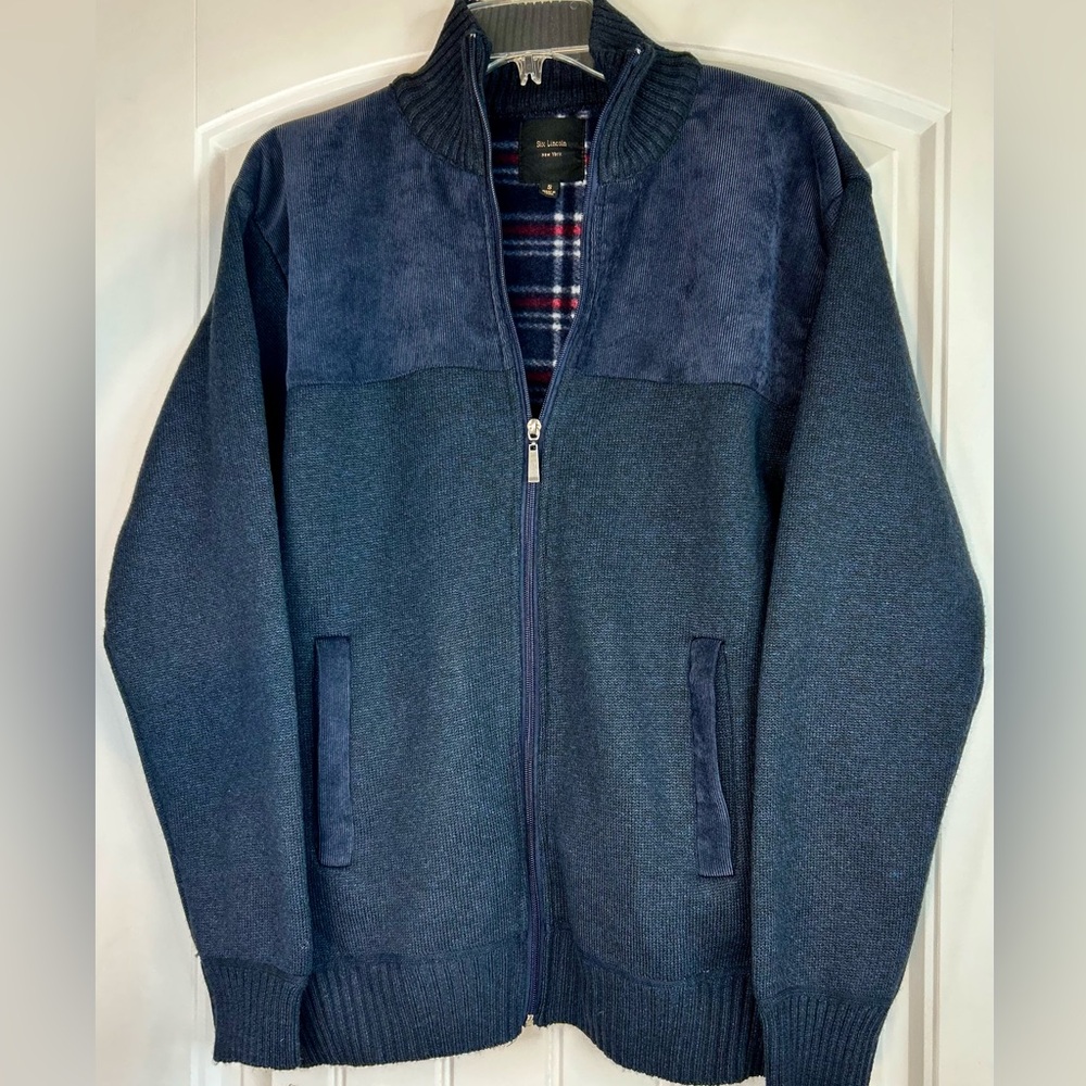 Six Lincoln New York Blue Men’s Sweater Blanket Lined Zip Up Men’s Size Small